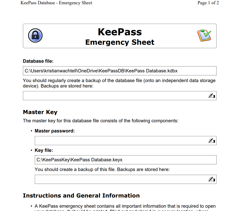 KeePass Step By Step Emergency Sheet Print