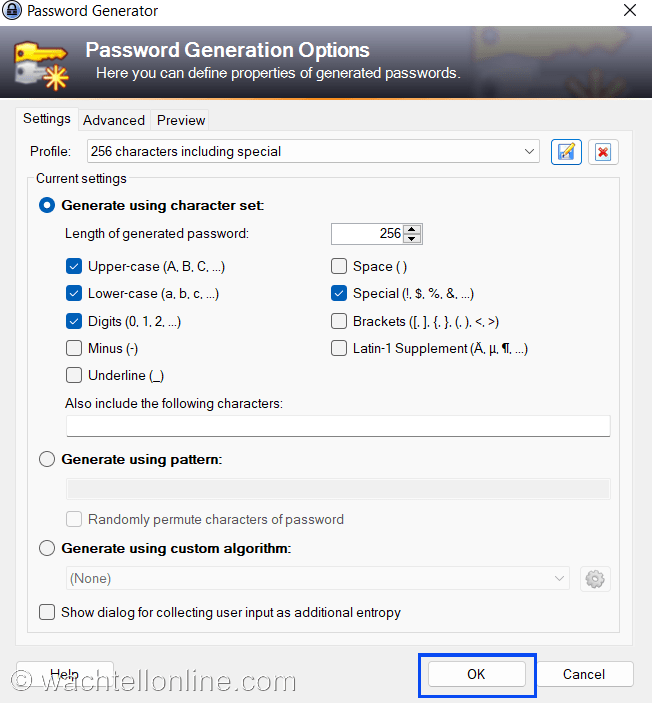 KeePass-password safe-setting-up-passwords-generation-options-256 characters-including-special-wm